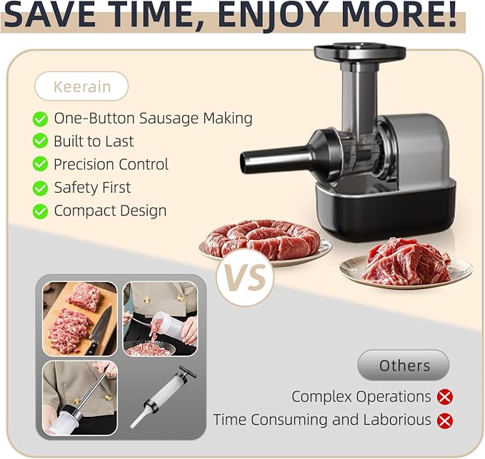 Electric Sausage Stuffer Machine, Automatic Meat Stuffer with 3 Stuffing Tubes and 1 Meatball Tube (Grey）