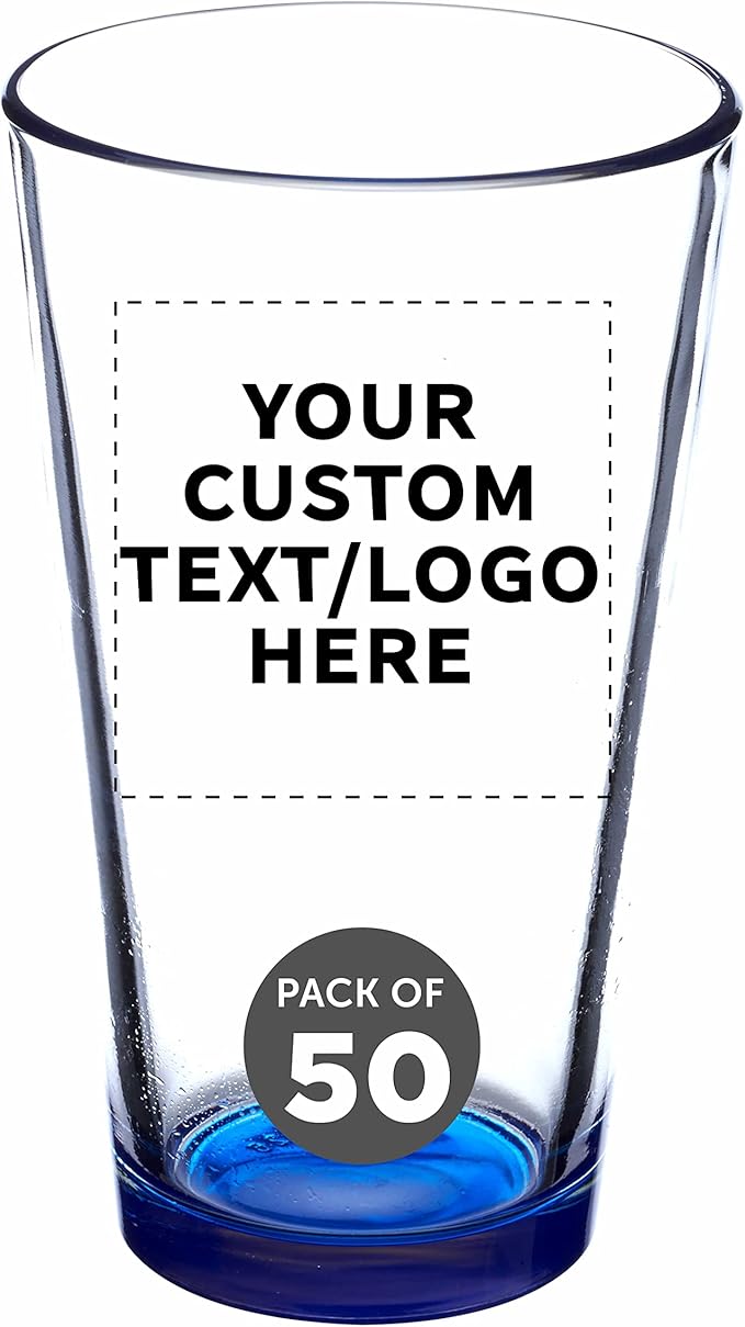 Custom Libbey Pint Glass 16 oz. Set of 50, Personalized Bulk Pack - Beer Glasses, Heavy Duty Drinkware - Blue
