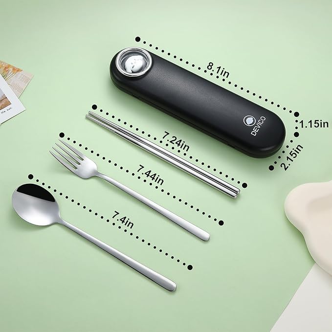 DEVICO Travel Utensils with Case Cute, Reusable Silverware for Lunch, 4Pcs Portable Cutlery Set, 18/8 Stainless Steel Fork Spoon Chopsticks in Cartoon Case, Dishwasher Safe (Black)
