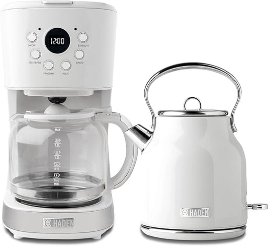 HADEN Coffee Machine, 12 Cup Drip Coffee Maker Bundled with Heritage 1.7 Liter Stainless Steel Electric Kettle, Ivory & Chrome