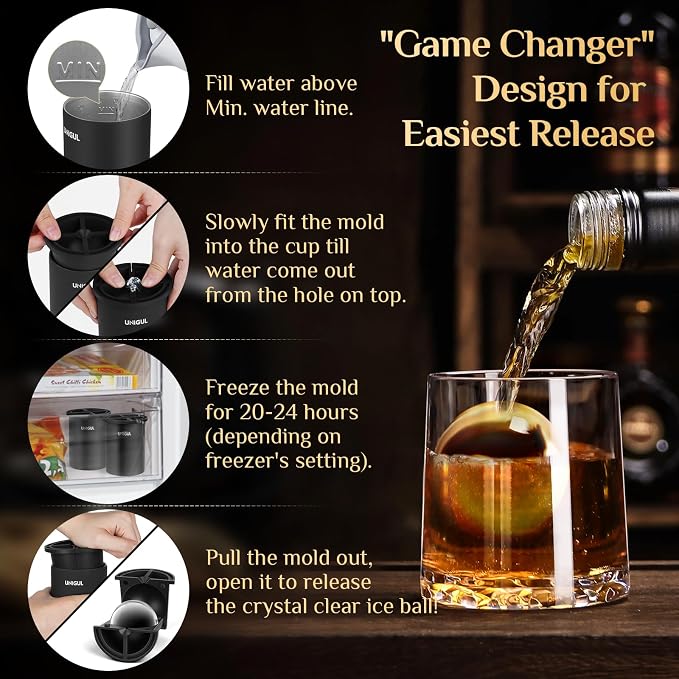 Clear Ice Cube Maker, 2.5" Stainless Steel Ice Ball Maker Mold for Whiskey & Cocktails, Non-BPA Premium Silicone Ice Cube Molds, Easy-Release Sphere Ice Maker, Bourbon Gifts for Men (2 PACK)