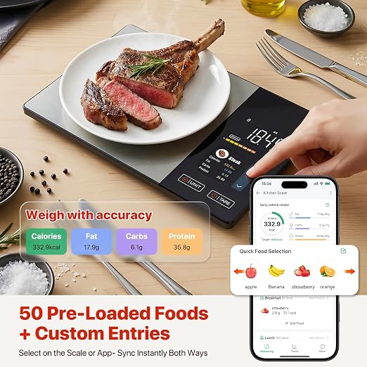 Food Scale with Nutritional Calculator, Smart Food Scale for Kitchen Tracks Calories, Fat, Carbs, Protein with Free App for Healthy Eating Meal Prep, 50+ Foods & 23 Nutrients Built-in, TFT Display