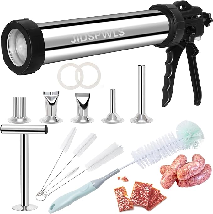 2.1 LB Professional 304 Stainless Steel Jerky Gun Kits, Sausage Stuffer, Jerky Maker, Jerky Shooter, Beef Jerky Making Gun with 5 Nozzles, 1 meat pusher and 5 Cleaning Brushes