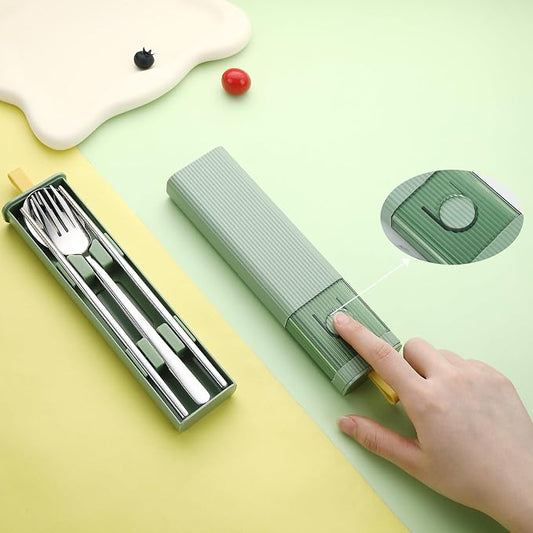DEVICO Travel Utensils with Case, 4Pcs Korean Chopsticks Fork and Spoon Set | 18/8 Stainless Steel Portable Cutlery Set, Reusable Silverware for Lunch Box/Camping/Work/School, Dishwasher Safe, Green
