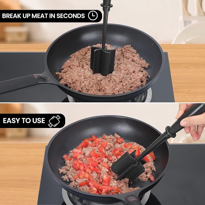 CUNSENR Premium Meat Chopper - 5 Curve Blade Ground Beef Smasher Tool - Heat-Resistant Nylon Meat Masher for Ground Beef, Hamburger, Potatoes - Non-Stick Ground Meat Chopper for Easy Mixing - Black