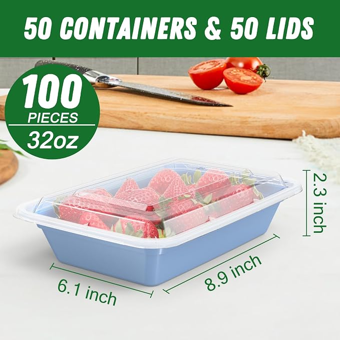 50 Pack (100-Piece) 32 oz Meal Prep Containers with Easy Open Lids, Blue | Sturdy Leakproof & Food Safe, Microwave, Freezer, Dishwasher Safe Prep Containers, To Go Take Out Plastic Food Storage