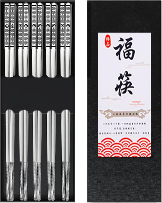 Metal Chopsticks Reusable,Stainless Steel,Dishwasher Safe,5 Pairs,Silvery | Gift Box Set,Square,Lightweight, Non-Slip,Laser Engraved Patterns No fade