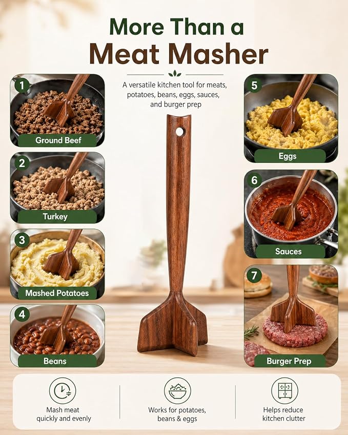 Meat Masher Ground Beef Chopper for Wooden Manual Tool Hamburger Wood Smasher Turkey Potato Chicken Grinder Teak Beed Tenderizer 2026 New Heavy Duty Kitchen Gadgets