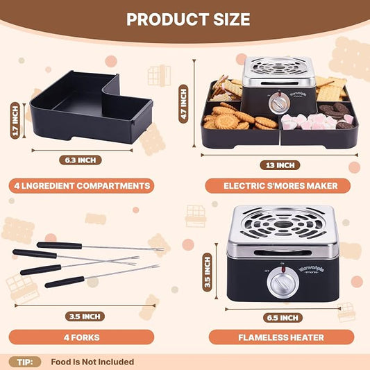 Electric Smores Maker - Indoor Smores Kit with 4 Detachable Trays, 4 Stainless Steel Forks - Flameless Smores Maker Tabletop Indoor Kit (Black)