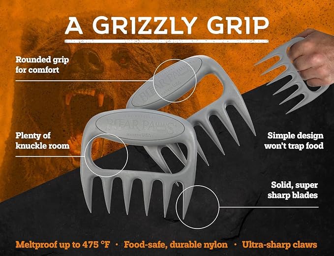 Bear Paws Meat Claws - The Original BBQ Meat Shredder Claws - Gray | Shredder Claws for Pulled Pork, USA Made - Easily Lift, Shred, Pull and Serve Pork, Chicken, Brisket and Turkey