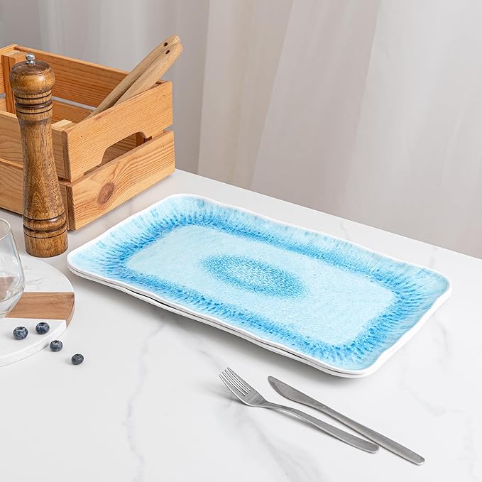 Large Farmhouse Melamine Serving Trays, Set of 2, 17 x 10 inches Serving Platters for Food Serving, Durable and Dishwasher Safe BBQ Tray, Reactive Blue