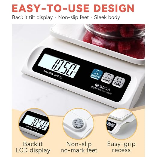 BOMATA 0.1g High Precision Food Scale, USB Rechargeable, 13lb Digital Kitchen Scale with Removable Stainless Steel Pan, Backlit LCD Display, for Cooking, Baking B621 White