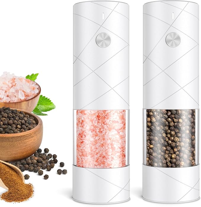 Rechargeable Electric Salt and Pepper Grinder Set, Automatic Salt and Pepper Shakers, Adjustable Coarseness Pepper Grinder with Led Kitchen and Home Appliances Gifts for Women(Whitewhite)
