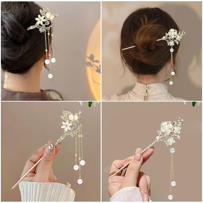 2Packs Lily of the Valley Chinese Hair Sticks for Buns, Pearl Flower Vintage Metal Hair Chopsticks for Women and Girls Dangle Tassel Pendant Hair Accessories Hanfu Handmade Decor Hairpin (beige)