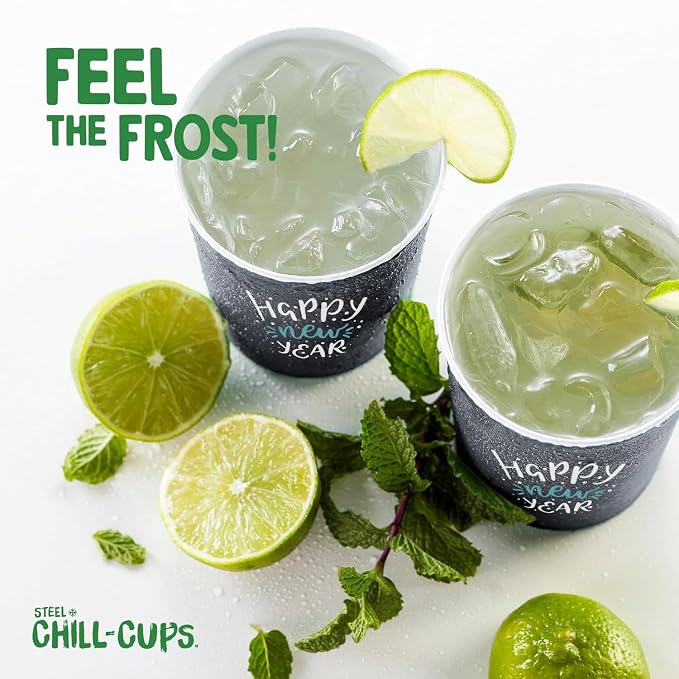 Steel Chill Cups 16 oz. Reusable Party Cups, Happy New Year, 12 Count | Made in USA from Steel these durable cups chill fast & keep your drink cold for longer, 100% recyclable for sustainablity