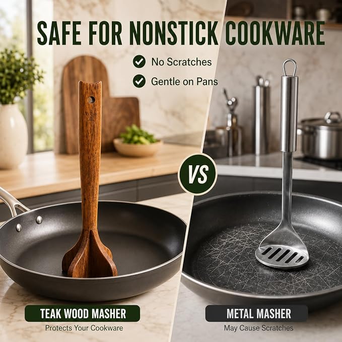 Teak Wood Meat Masher, Wooden Meat Chopper for Ground Beef, Non-Scratch Hamburger Masher & Potato Masher, Heat-Resistant Ground Meat Chopper Tool for Nonstick Cookware