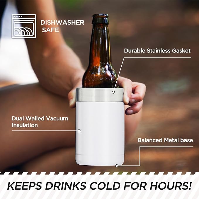 Tahoe Trails Stainless Steel 12oz Vacuum Insulated Can and Bottle Cooler | Double Wall Can Cooler For Cans and Bottles | Copper Plated Can Chiller and Metal Cooler | White