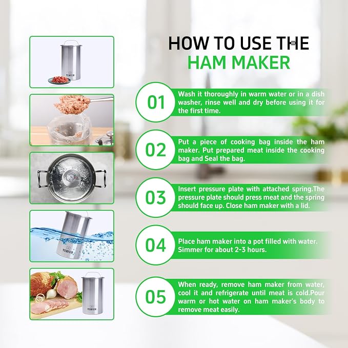 Deli Meat Press and Ham Maker - 304 Stainless Steel Lunch Meat Press with Thermometer, 20 Cooking Bags & Recipes - Healthy Homemade Cooking Tool for Ham &Deli Lunch Meat Making