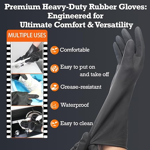 Heavy-Duty Thick Black Rubber Cleaning Gloves, 3 Pairs, M | Reusable & waterproof black/orange dual layers. Non-slip design for dishwashing, kitchen cleaning, and auto care.