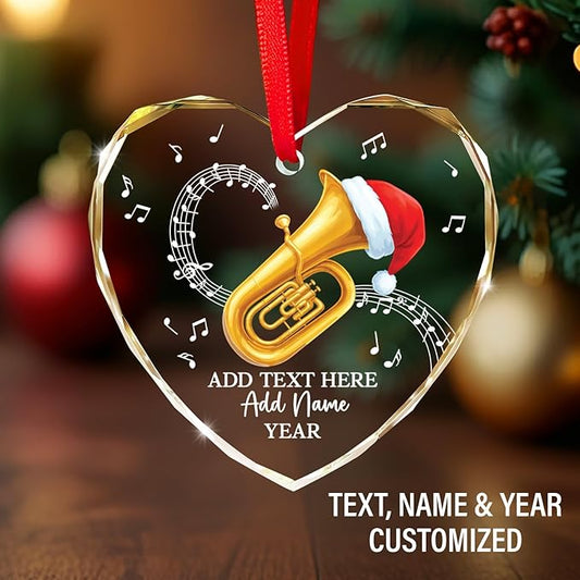 Customized Tuba Player Christmas Glass Ornament 2025, Personalized Tubaist Xmas Ornament with Text Name & Year, Tuba Instrument Christmas Tree Ornaments, Gifts for Men Women Music Lovers
