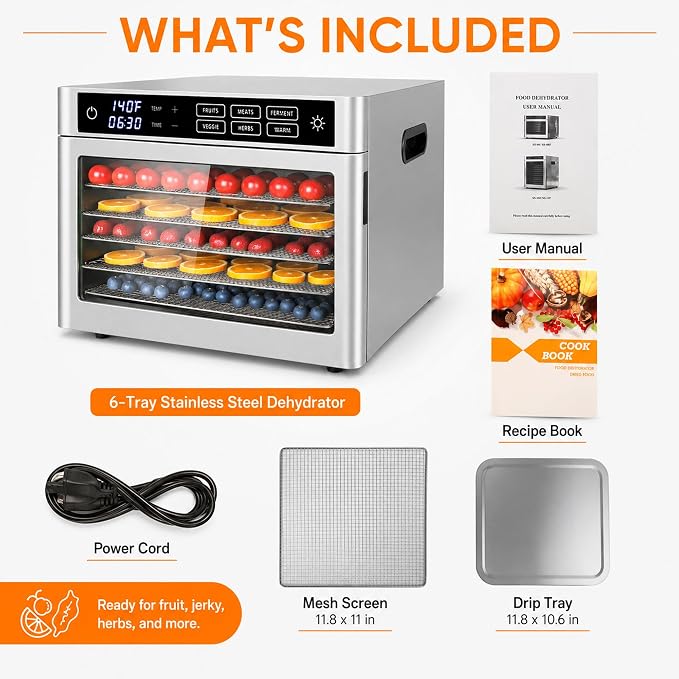 6-Tray Stainless Steel Food Dehydrator | jerky maker fruit dryer herb dehydrator dog treat maker digital food dehydrator countertop dehydrator
