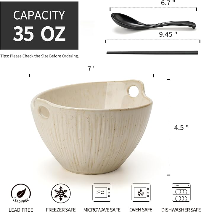 Ramen Bowl with Chopsticks and Spoons Set, 7 Inch Ceramic Noodle Bowl Set of 2, Donburi Bowl Dishwasher Safe for Pho Udon Soba Noodle Salad Pasta, Special Aged Ivory Speckle Bowls Set