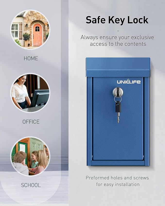 Uniclife Blue Metal Donation Box, Wall Mounted Mailbox for Outside | Safe Suggestion Box with Key Lock, Steel Key Drop Box for Outside, Cash Box for Home Office and Business