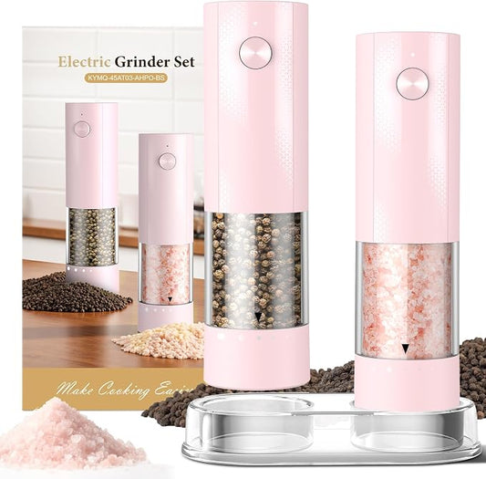 Electric Salt and Pepper Grinder Set - Rechargeable Automatic Salt and Pepper Shakers, Kitchen Appliances with External Adjustable Coarseness, Larger Hopper for Cooking, Home Gifts(2 Pack,Pink/Pink)