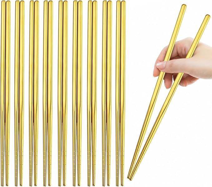 Gold Stainless Steel Chopsticks Set 10 Pairs Reusable Metal Chop Sticks for Japanese Chinese Korean Cuisine Premium Tableware Gift Set Dishwasher Safe Eating Utensils Lightweight Durable