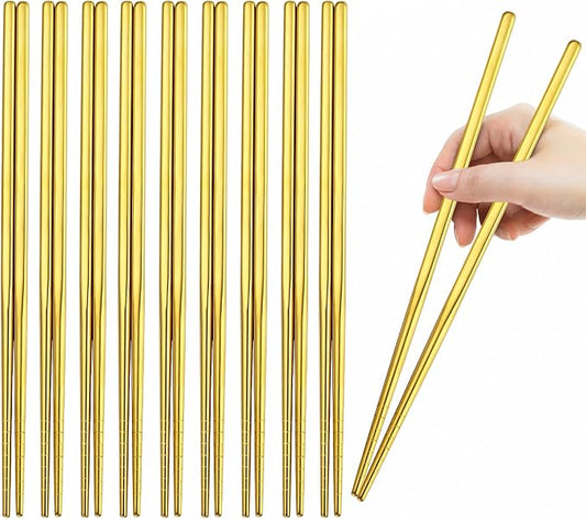 Gold Stainless Steel Chopsticks Set 10 Pairs Reusable Metal Chop Sticks for Japanese Chinese Korean Cuisine Premium Tableware Gift Set Dishwasher Safe Eating Utensils Lightweight Durable