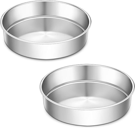 LIANYU 9 Inch Round Cake Pan Set of 2, Stainless Steel Wedding Oven Cake Pan Set for Baking, Metal Round Baking Tin Pan Mold, Deep Bakeware for Layer Birthday Cake, Mirror Polished, Dishwasher Safe