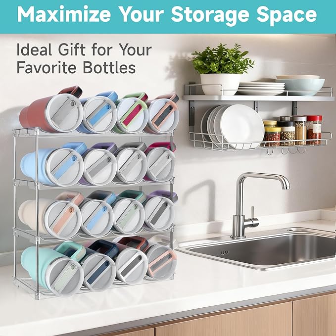 Stackable Water Bottle Organizer Large Compartment Water Bottle Holder | Tumbler Organizer for Stanley 40 oz Cup, Kitchen Cabinet Storage Organizer for Stanley Cup Accessories, 4 Tier Hold 16 Bottle