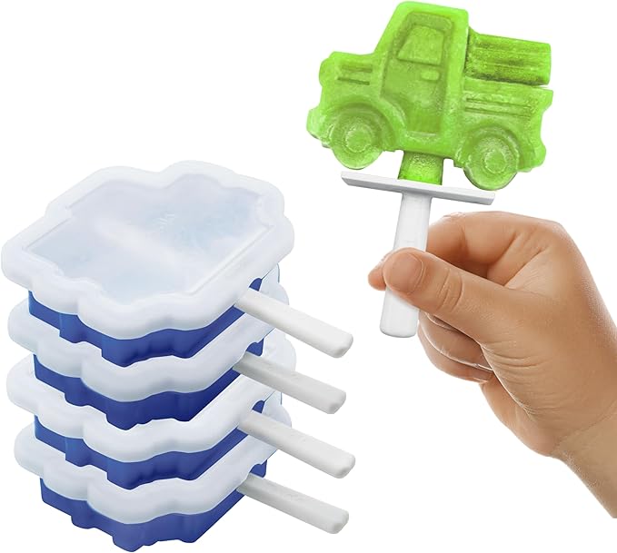 Tovolo Truck Popsicle Mold Pack of 4 Silicone Ice Pop Makers with Sticks for Kids, Stackable Construction Vehicle Shaped Frozen Treats, BPA Free Dishwasher Safe Truck Molds for Popsicles