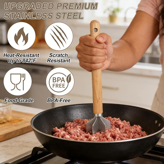 304 Stainless Steel Meat Chopper Wooden Meat Chopper 6 Curve Blades Meat Masher Ground Beef Chopper Tool 11 Inch Metal Meat Masher for Making Ground meat, Mashed potatoes, Jam