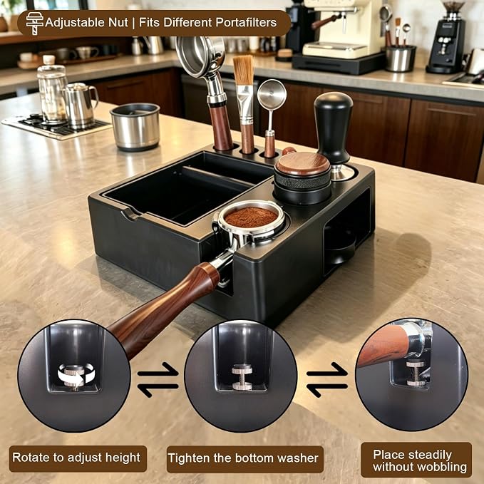 Espresso tamping station knock box,tamper station,Espresso station fit for storage 51-58mm tamper,distributor,portafilter,puck screen accessories,9 in 1 espresso knock box and tamper station