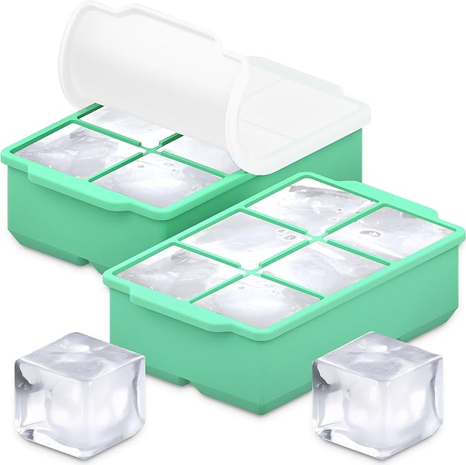 KitchFort® Large Silicone Ice Cube Tray (2-Pack), Easy Release 2" Big Ice Cubes - Cocktail, Whiskey Ice Cubes Mold - Ice Trays for Freezer with Lid - Stackable Silicone Ice Tray - Green