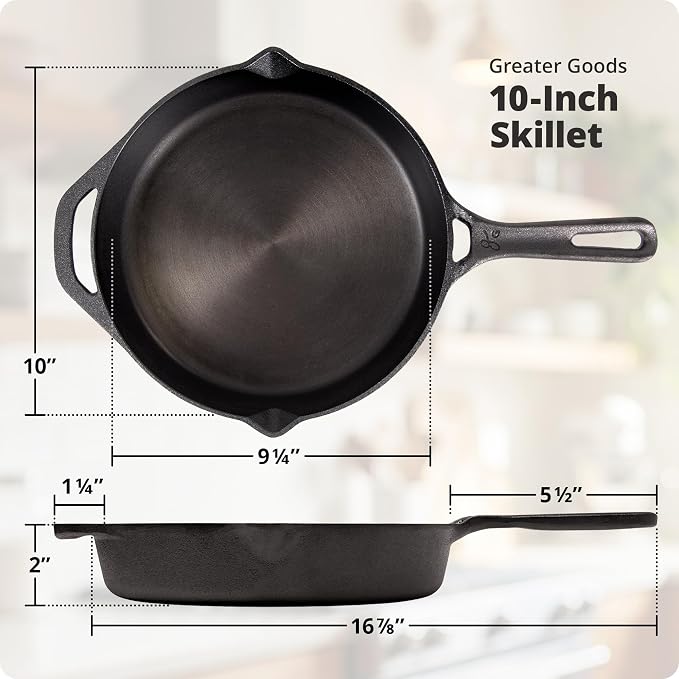 Greater Goods 10" Cast Iron Skillet, Smooth Surface, Nonstick-Like Release | Polished & Precision-Milled, 100% Organic Flaxseed Oil, No Synthetic Coating, Oven, Grill, Induction Ready, Pre-Seasoned