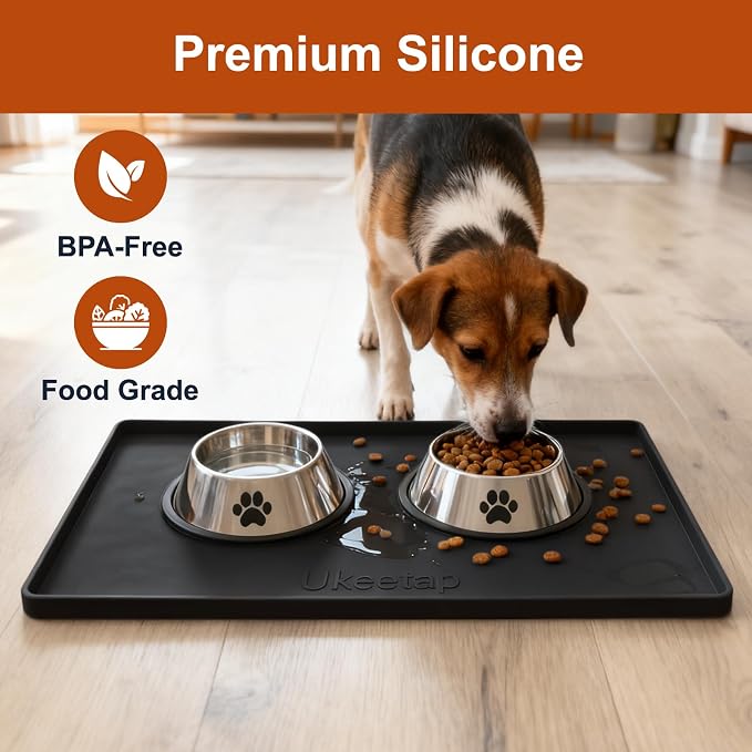 ukeetap 19" x 12" Extra Thick Silicone Mat Waterproof with Raised Edge, BPA Free Non-Slip Dog & Cat Food Mat, Feeding Mat for Food and Water Bowls, Spill Proof Mat to Protect Floors, Black