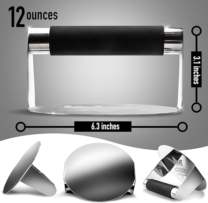SMASHER KING™ - Mirror Polished Stainless Steel Smash Burger Press | Hamburger Smasher Tool for Griddle Cooking - Heat Resistant Handle Grill Press and Meat Weight - Burger Patty Maker