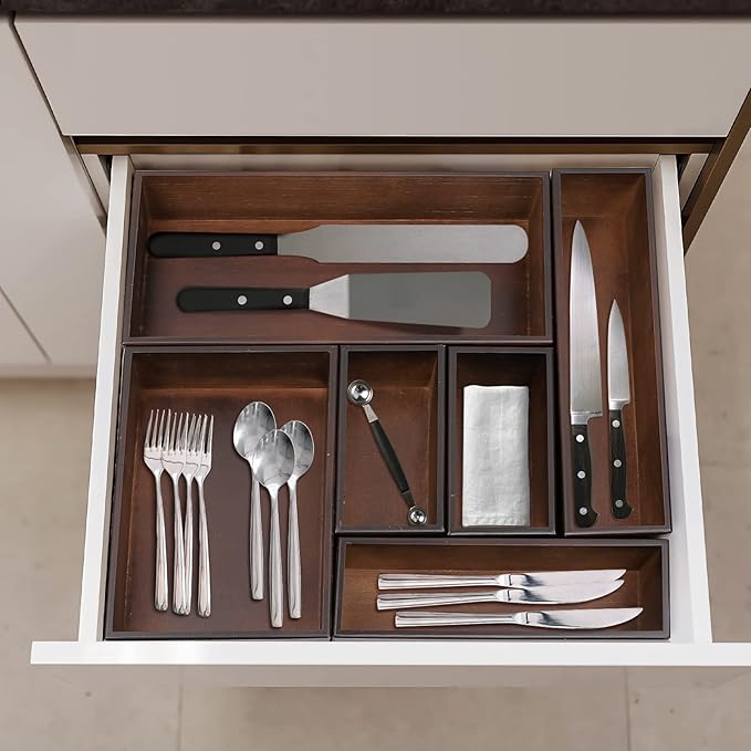 Bamboo Drawer Organizer - Kitchen Utensil Organizer Silverware Tray Cutlery Holder，Office Desk Supplies and Accessories,12 * 5.9 * 2.6,Nut-brown