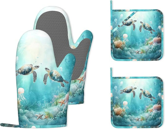 Sea Turtles Oven Mitts and Pot Holders (4PCS),Jellyfish Coral Heat Resistant Non-Slip Silicone Kitchen Gloves for Cooking, Baking, BBQ Waterproof Kitchen Accessories