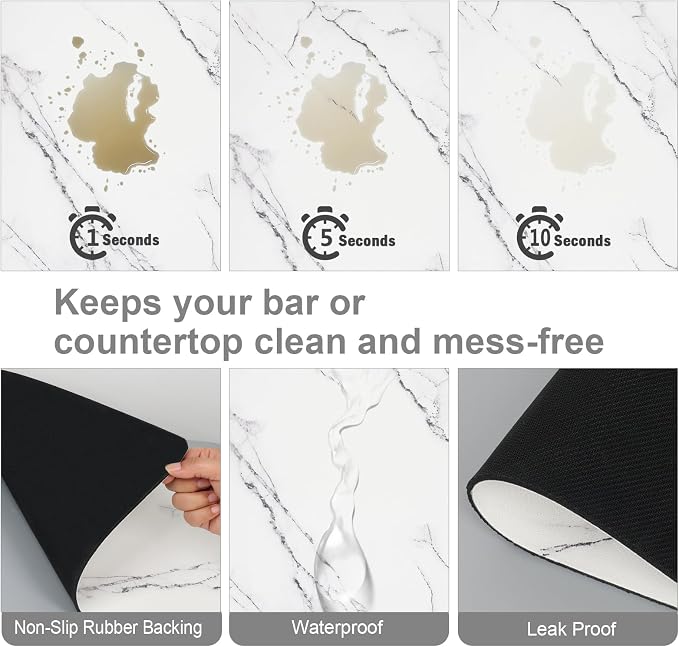 ZLR Coffee Bar Mat for Keurig & Nespresso, 12"x16" Small, Marble White | Absorbent Dish Drying Mat, Stain-Hiding PU Leather Top, Non-Slip Rubber Back, Heat-Resistant, Fits Frother & Pour-Over