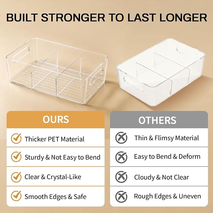 Mpotmiy 10-Pack Pantry Organizers and Storage, Clear Fridge Organizer Bins | Clear stackable plastic bins with removable dividers for packets, snacks, pouches and spices in pantry, fridge or freezer.