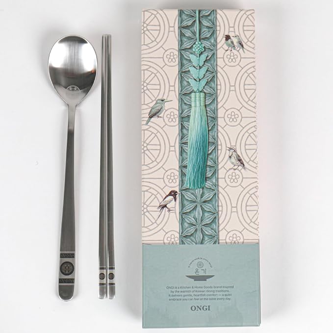 ONGI Korean Spoon and Chopstick 1 Set – Premium 18/10 Stainless Steel – Double Happiness Design – Gift-Ready – Made in Korea – Dishwasher Safe (Hee Pattern Silver 1 Set)