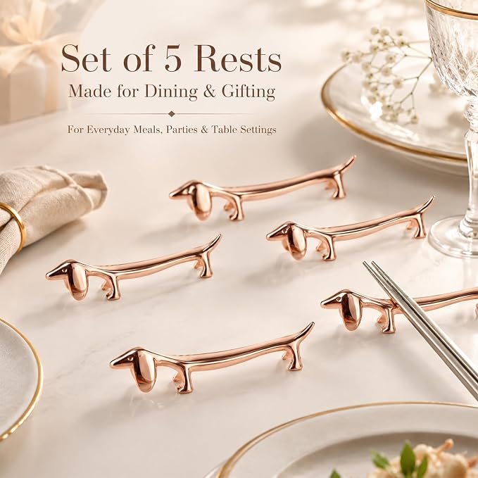 ChezMax Pack of 5 Zinc Alloy Chopsticks Spoon Forks Knives Tableware Rest Set,Rose Gold Dogs
