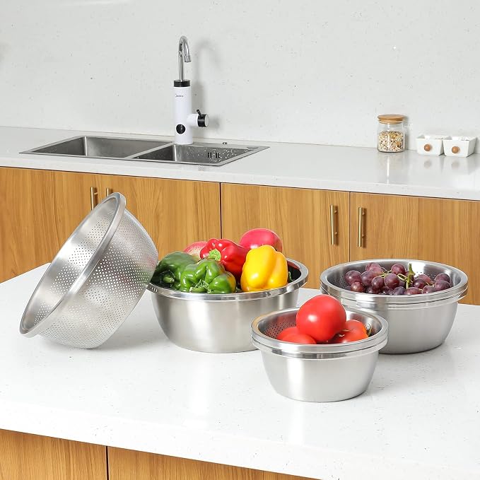 Paoli 304 Stainless Steel Fine Mesh Colander Set, 2.5QT Large Capacity Strainer with Mixing Bowl — Rinse Fruits, Veggies, Rice & Drain Pasta, Dishwasher Safe (2-Piece)