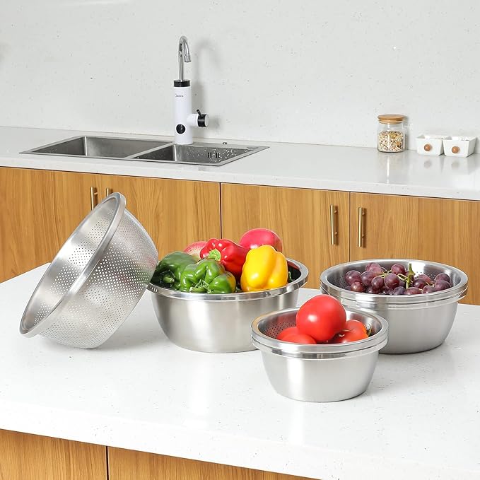 Paoli 304 Stainless Steel Fine Mesh Colander Set, 1.5QT Large Capacity Strainer with Mixing Bowl — Rinse Fruits, Veggies, Rice & Drain Pasta, Dishwasher Safe (2-Piece)