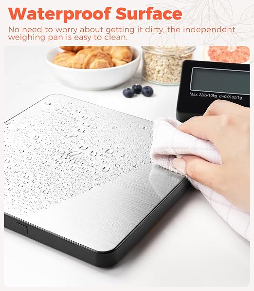 Atogou Wireless Kitchen Scale, 22lb/10kg Food Scale with Detachable Display & Larger Platform, 0.01oz/1g, 9 Units, Counting Function, Stainless Steel, for Cooking, Baking, Shipping, Sliver