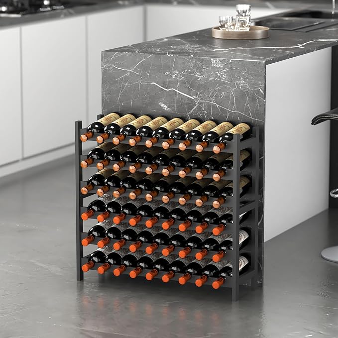 Bamboo Large Wine Rack, 6-Tier Freestanding Floor Bottle Storage Holder | 54-Bottle Storage | Wooden Wine Storage Organizer Shelves for Kitchen Bar, Cellar, & Dining Room | Black | Anti-Tip Kit
