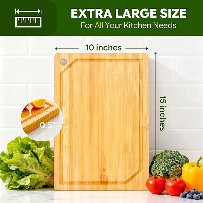 Simple Trending Bamboo Cutting Boards for Kitchen,15"x10", Natural | Durable Cutting Boards with Deep Juice Grooves and Handles, Chopping Board for Meat, Vegetables and Fruits